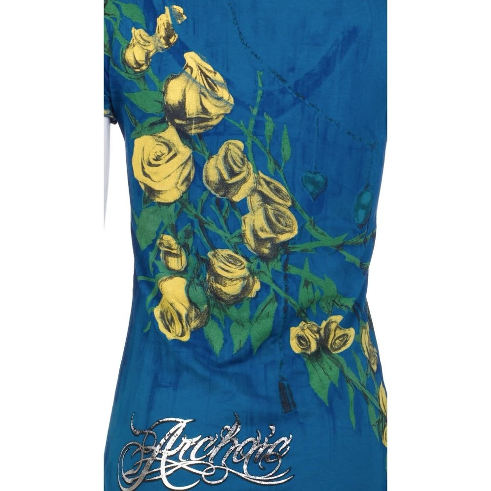 Archaic Affliction Women's T-Shirt Short Sleeve MY GIRL Tattoo Herat Biker Blue - Picture 3 of 7